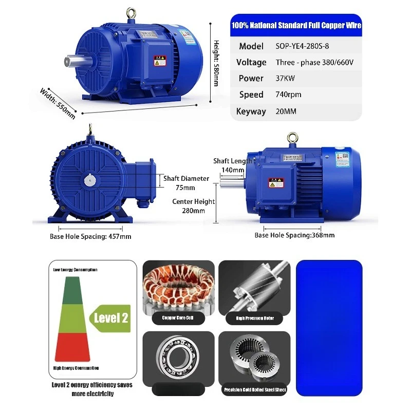 Hotsale Stable Structure Impact Resistant 740rpm 37kW Asynchronous 380v Servo Motor for Tram Drive     hy