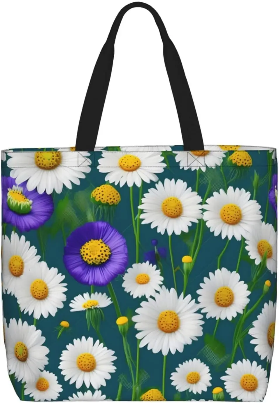 Wild Flowers and Daisies Tote Bag with Zipper for Women Inside Mesh Pocket Heavy Duty Casual Anti-water Cloth Shoulder