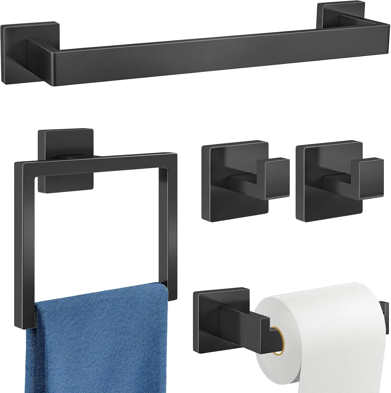 

5-Piece Bathroom Hardware Set, Towel Rack Wall Mounted Stainless Steel, Matte Black Towel Bar Set 16In