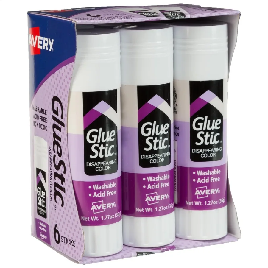 

Avery Glue Stic Disappearing Purple Washable nToxic 1.27oz 6 Glue Sticks 98071