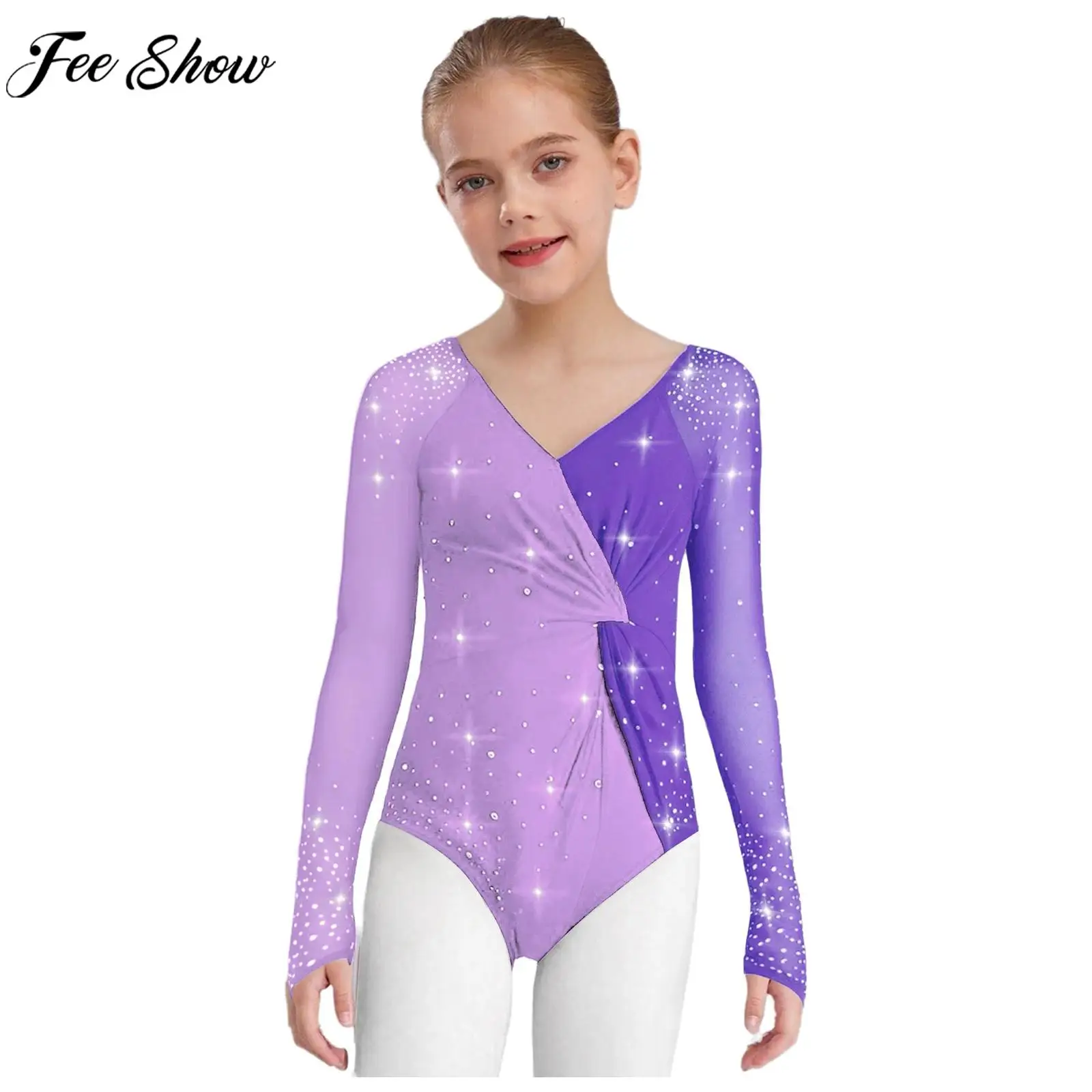 

6-16Y Girls Figure Skating Costume Gymnastics Ballet Dance Acrobatics Leotard Sheer Mesh Long Sleeve Shiny Rhinestones Bodysuit