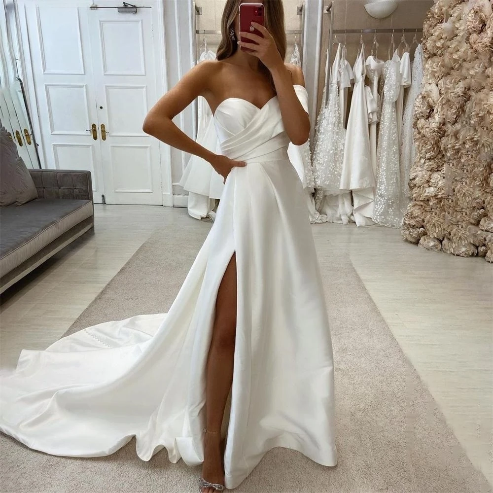 Vestido De novia De satén con abertura lateral para mujer, vestido De boda De lujo, liso, un hombro, línea A, personalizado a medida, elegante