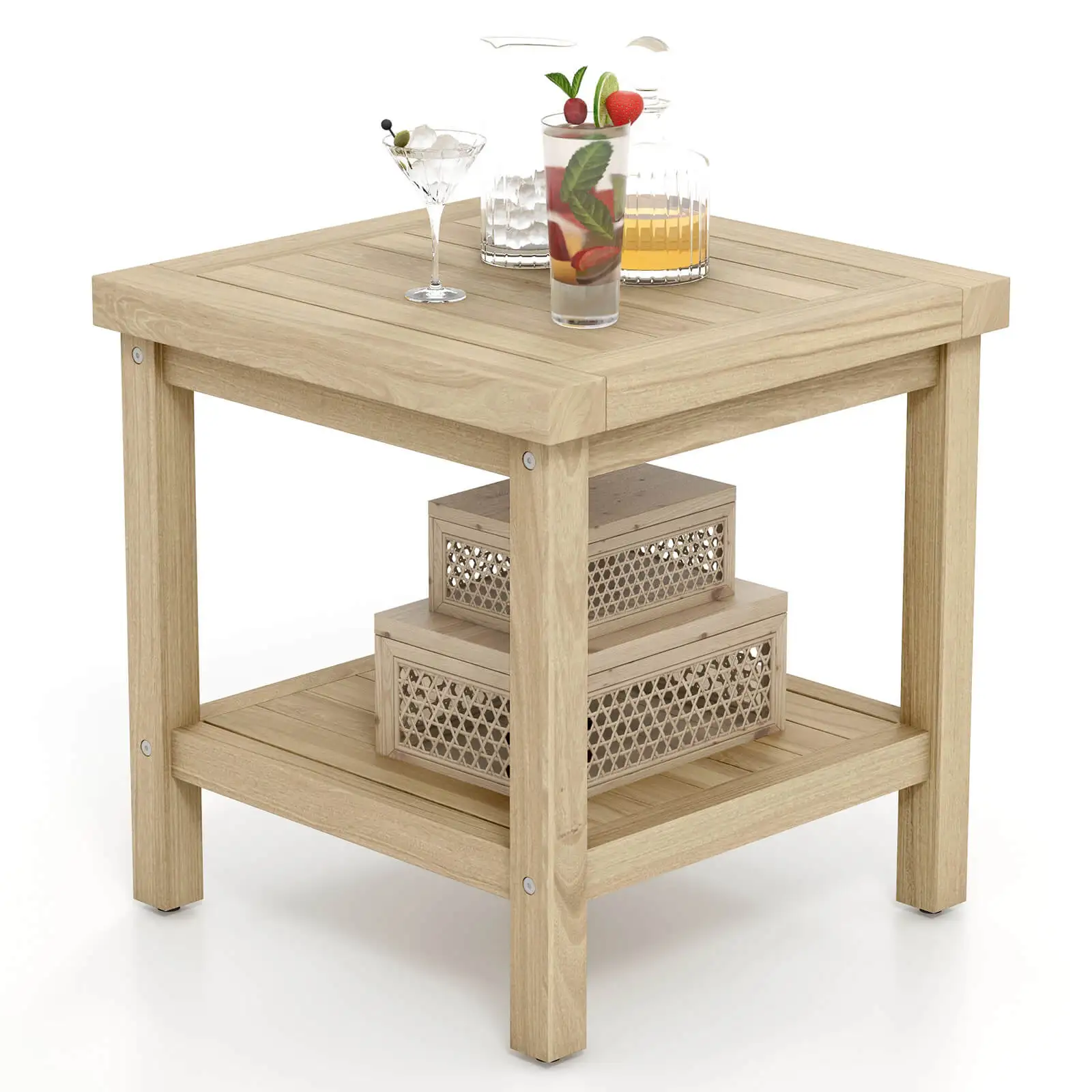 2-Tier Outdoor Side Table Teak Wood End Table with Storage Shelf Natural