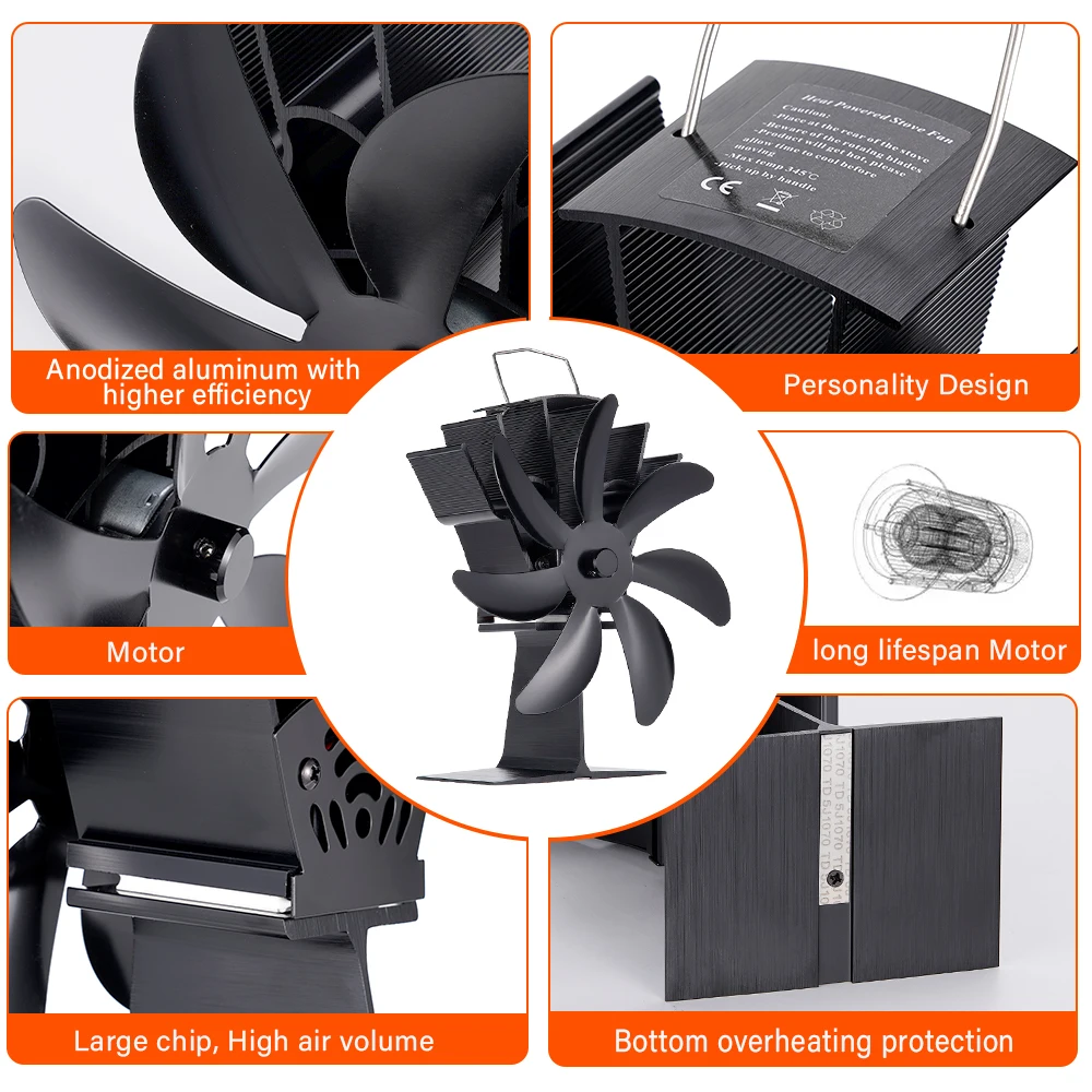 7 Blades Stove Fan Heat Powered Fireplace Fan Log Wood Burner Aluminum Alloy Eco-Fan Quiet Home Warm Efficient Heat Distribution