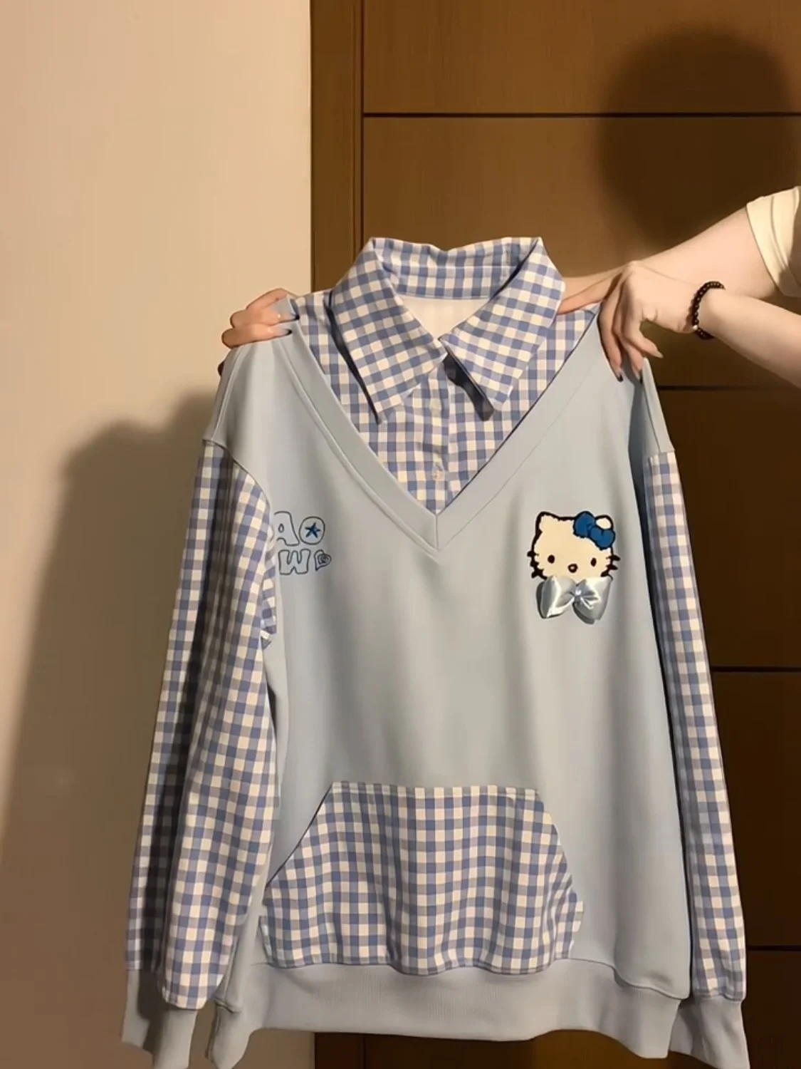 

Милый мультяшный свитшот с вышивкой, женский свободный топ в клетку с эффектом двухслойности, осенне-зимний, в корейском стиле