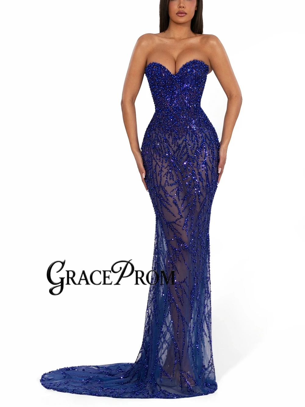 

Luxury Royal Blue Mermaid Evening Dress Beaded Sequined Sexy Illusion Sheer Tulle Formal Party Prom Gown With Train Customized
