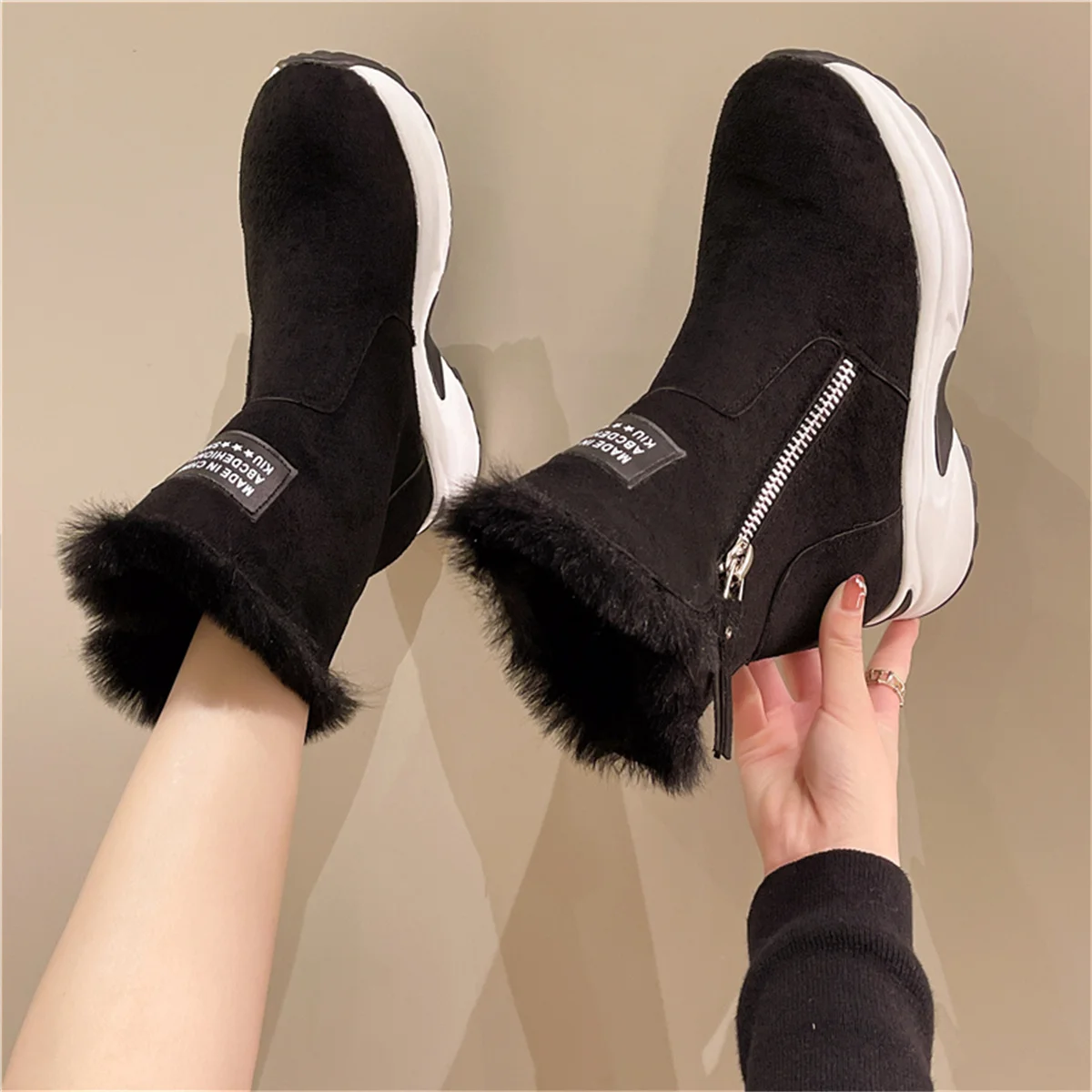 Women Ankle Boots Warm Plus Fleece Thick Sole Winter Women Snow Boots Fashion Side Zipper Wedge Outdoor Sneakers Botas Mujer