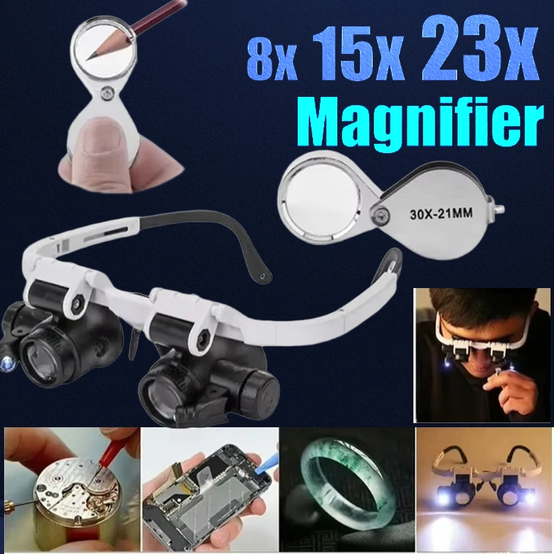 Magnifying Glass with LED Light Head-wearing Glasses Jewelry Loupe Welding Soldering Tools 8X 15X 23X image 4