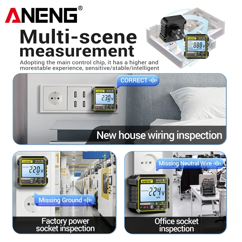 ANENG AC10+ Digital Smart Socket Detector Voice Broadcast Polarity Socket inspector Circuit Checker US/EU plug Leakage Test Tool