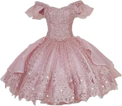Pink Lace Homecoming Dresses V Neck Beaded Appliques Kilt Puffy Tulle Off Shoulder Cocktail Dress