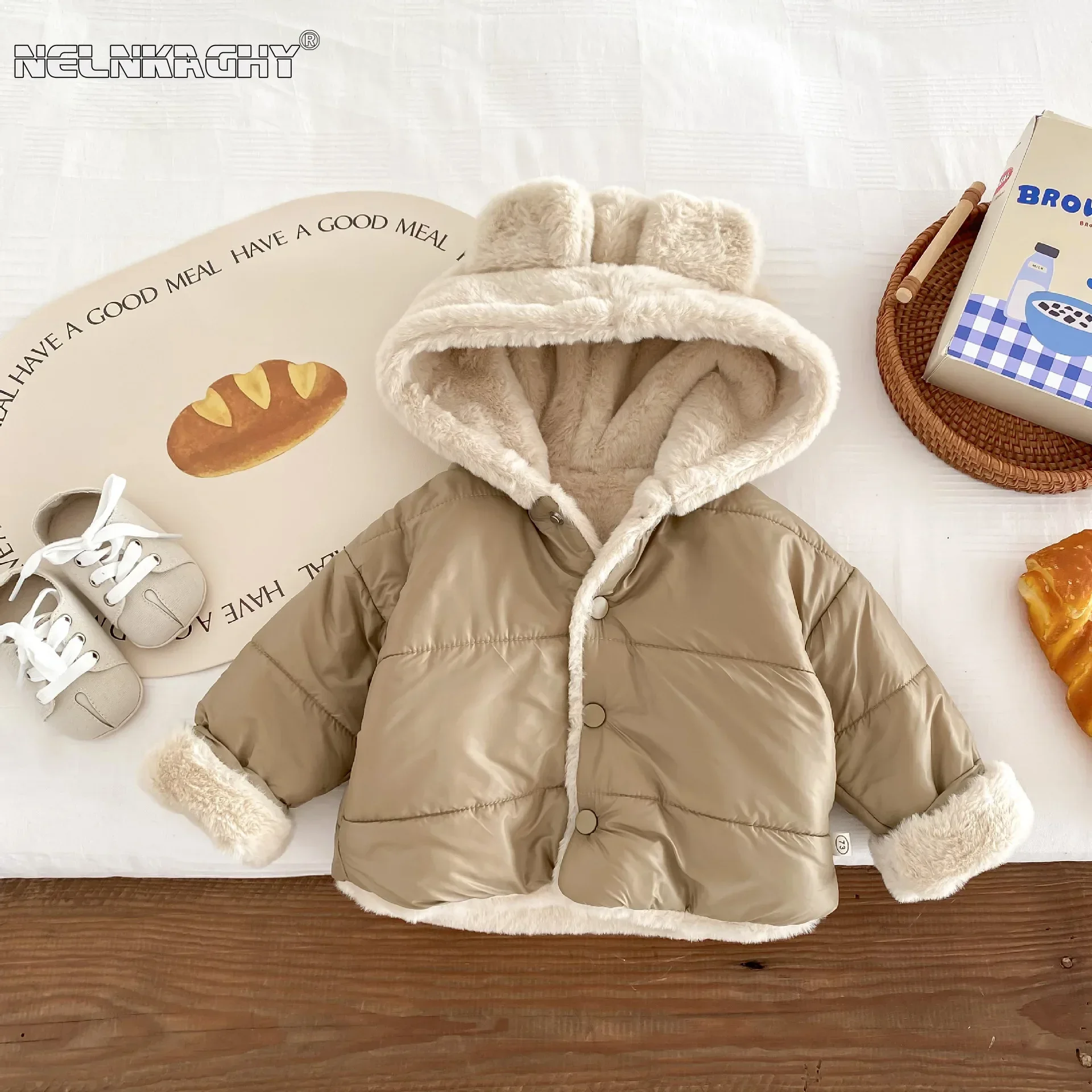 Cute Children's Winter Jacket Fur Lining, 0-5 Years Old, Girls Boys Hoodies Coats, Korean Style, Kids Baby Thick Warm Outwear