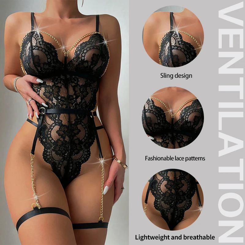 New Deep V Tight Fit Black Lace Print Chain Connection Integrated Bra Sexy and Tempting Lingerie