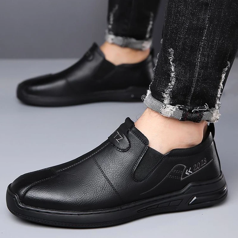 

Men Handmade Shoes Business Leather Casual Shoes Flat Platform Walking Shoes Black Outdoor Footwear Loafers Breathable Sneakers