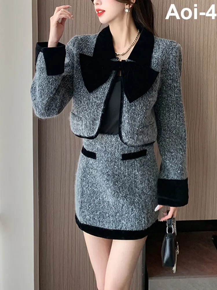 French Retro Woolen Dark Grey Suit Women 2023 Autumn Winter Patchwork Lapel Bow Long Sleeve Short Jacket+Hip Skirt Two-Piece Set