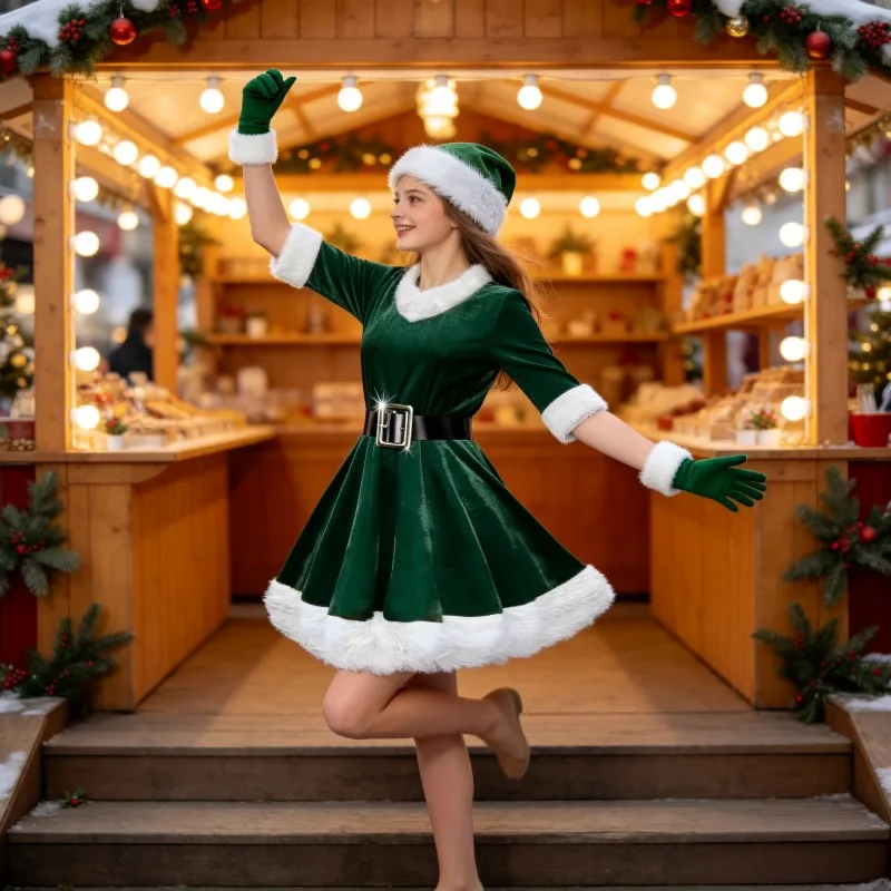 Christmas Costume Christmas Party Outfit Women Mrs Santa Suit 4 Piece Velvet Dress Set