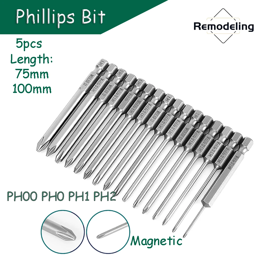 5pcs Phillips Screwdriver Bit PH00 PH0 PH1 PH2 Magnetic 1/4 in. Hex Shank S2 Steel 75/100mm Length Driller Bit