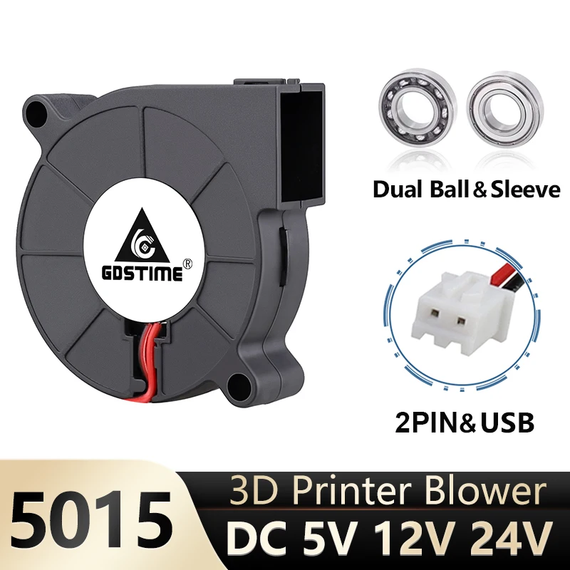 Gdstime-Ventiladores Centrífugos de Refrigeração para Impressora 3D, Turbo Cooler, 2Pin USB, 50mm, 5015 Ventilador, DC 5V, 12V, 24V, 50x50x15mm