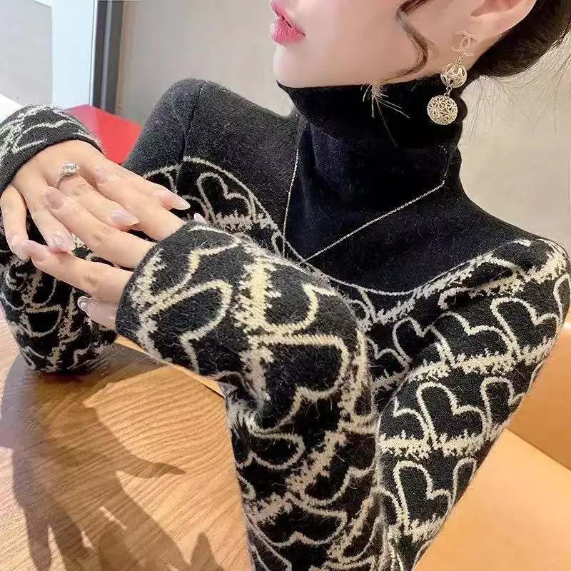 

Autumn Winter New Fashion All-match Half High Collar Knit Sweaters Women Clothing Vintage Slim Love Pattern Pullovers Lady Tops