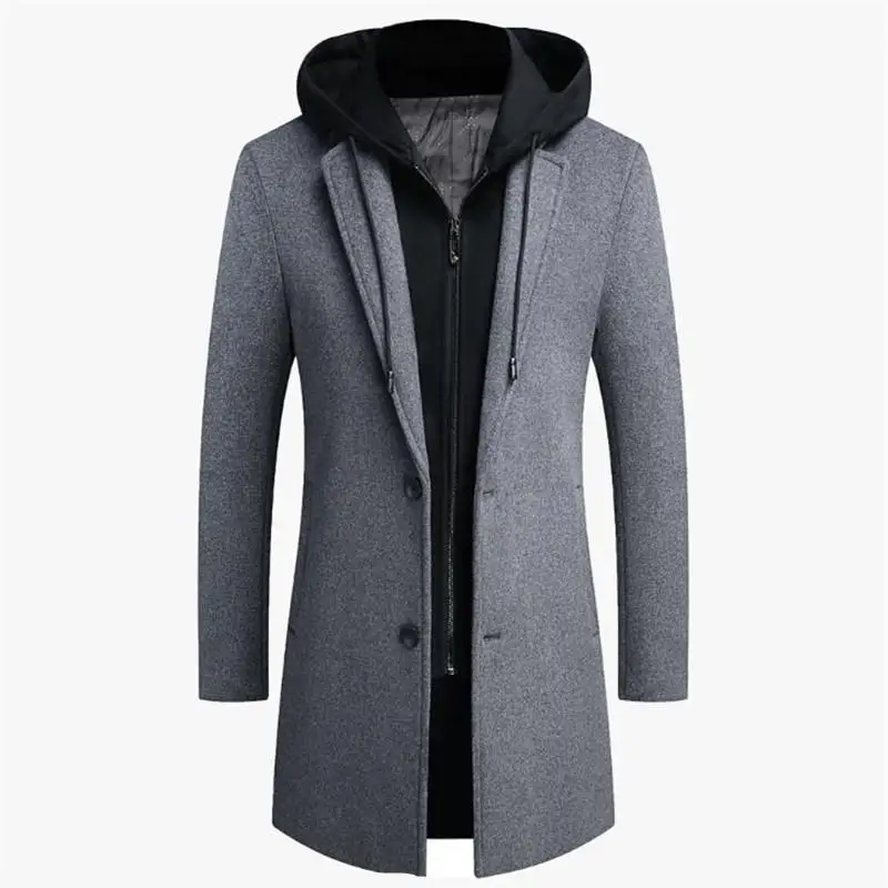 Autumn Winter Men Hooded Wool Jacket Autumn Mens Long Windproof Wool Coat Casual Thick Slim Jacket Male Size M-5Xl 4 Colors