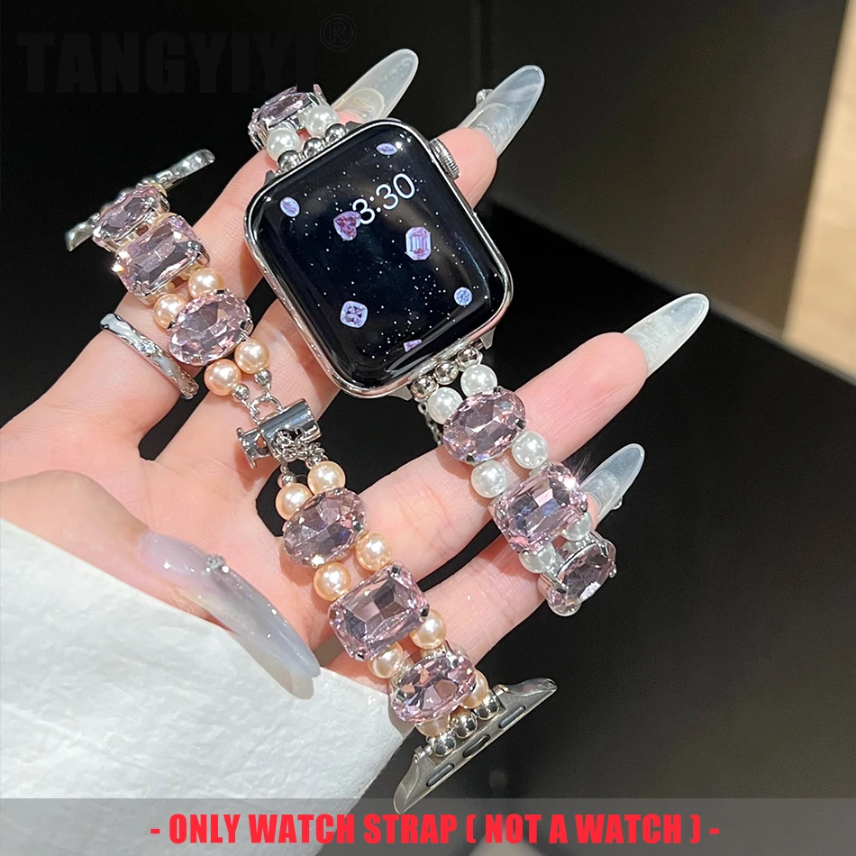 Luxury Gem Pearl Metal Spring Bracelet Strap For Apple Watch Band Series 9 8 7 6 SE 5 38/40/41/42/44/45mm IWatch Ultra 2 49MM