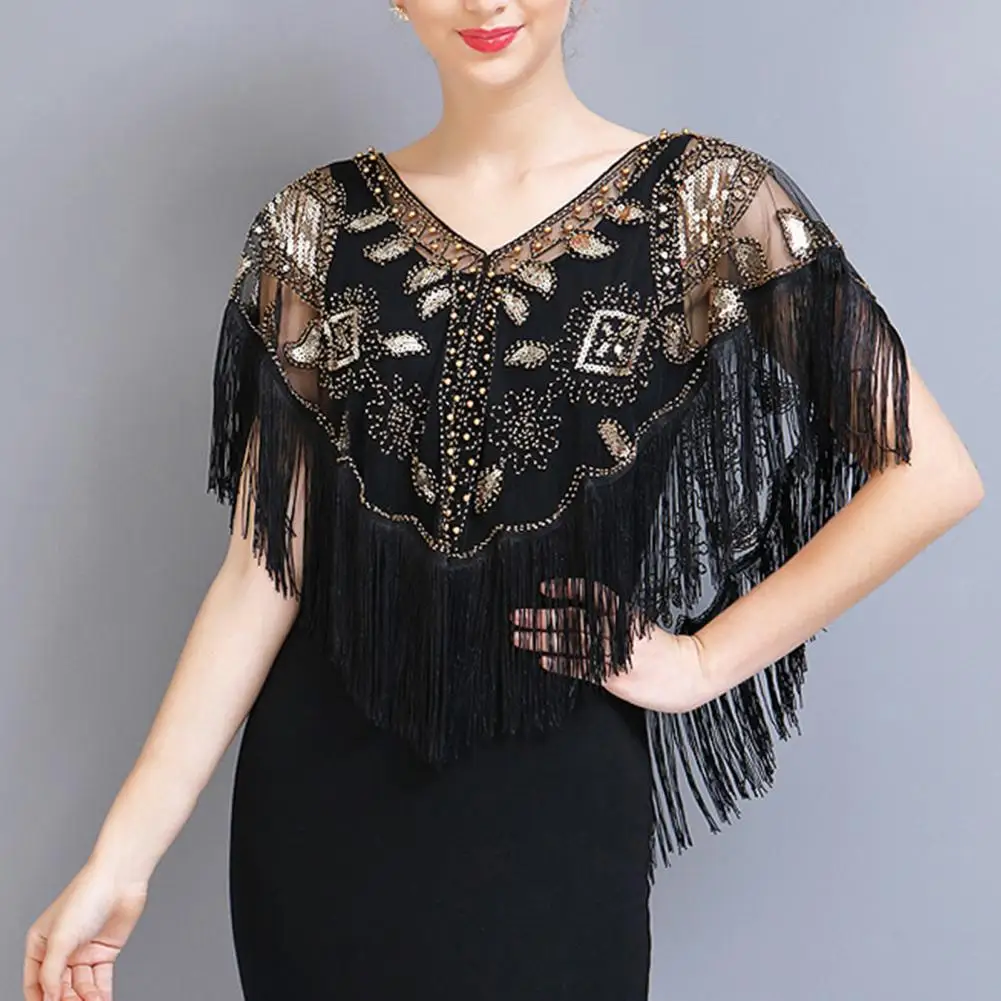 Women 1920s Sequined Shawl with Tassels Beaded Pearl Fringe Sheer Mesh Wraps Gatsby Flapper Bolero Cape Cover Up