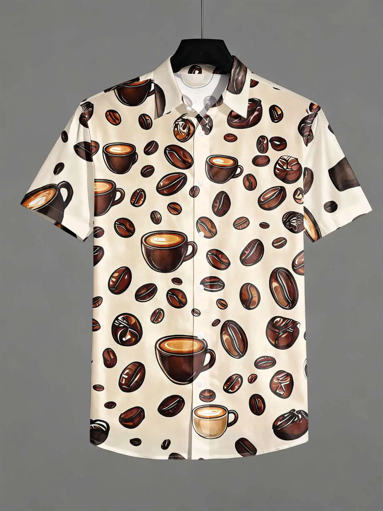 Men's Shirt Coffee Bean Cup Print Short Sleeve Lapel Button Shirts Summer Beach Vacation Casual Tops Men Clothing