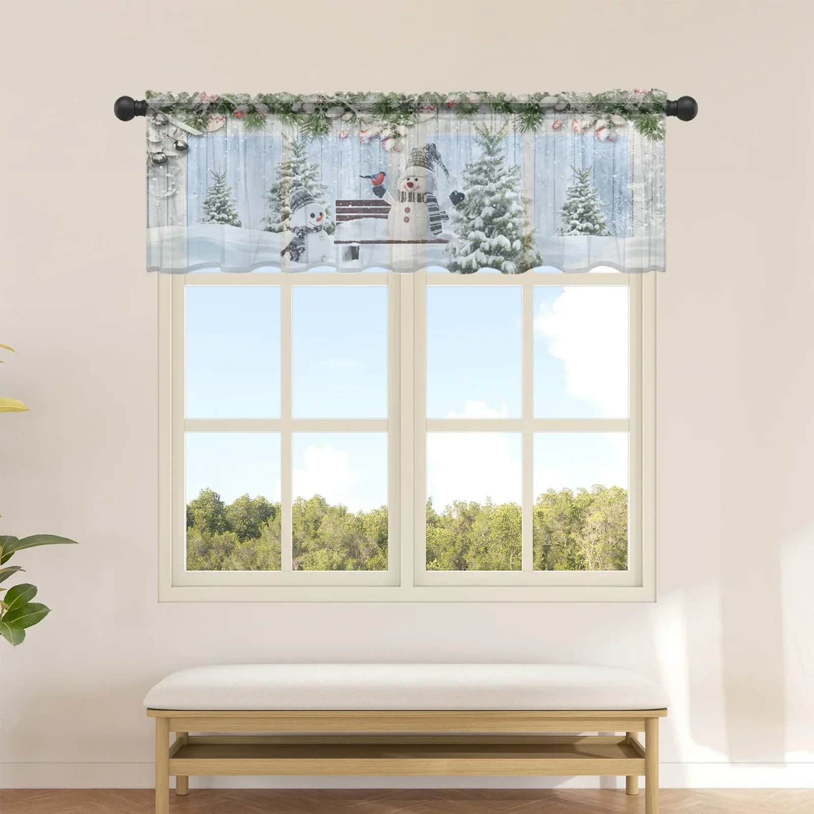 Christmas Snowman Holly Berries Short Tulle Window Curtains Sheer Voile Curtain Kitchen Cabinet Bedroom Home Decor Small Drapes