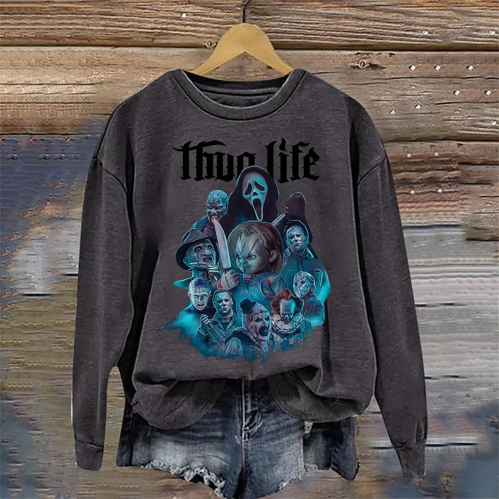 Sudadera con capucha de gran tamaño para hombre, chándal con estampado de Thug Life Horror, Y2k, Estilo Vintage americano, para Halloween, novedad