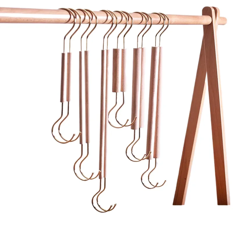 

Wooden S Hanger Hook Gold Plated Metal S Hooks Natural Wood Garment Hanger for Boutique Clothing Shop Store Display Organizer