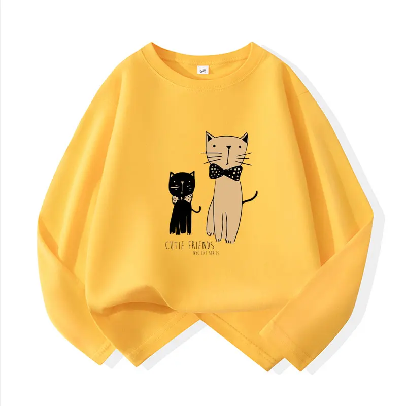 Autumn Fashion Good Friend Cat T-shirt for Girls Cotton Kids T Shirt Children Casual Clothes Teen Baby Girl Tops 6 8 10 12 Years