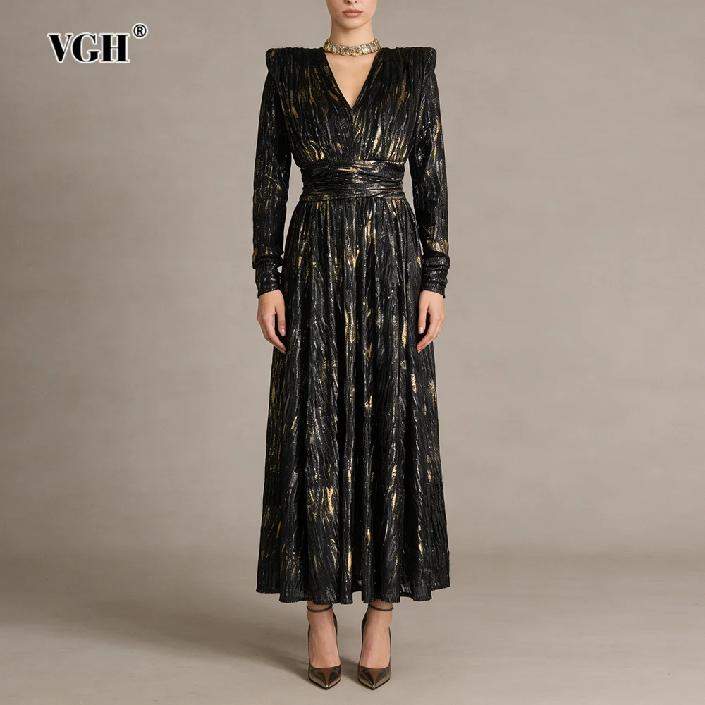 

VGH Платье с цветными блоками и блестящими платьями для женщин с V-образным вырезом на плечах и длинными рукавами, складная туника, роскошное женское платье макси для ужина