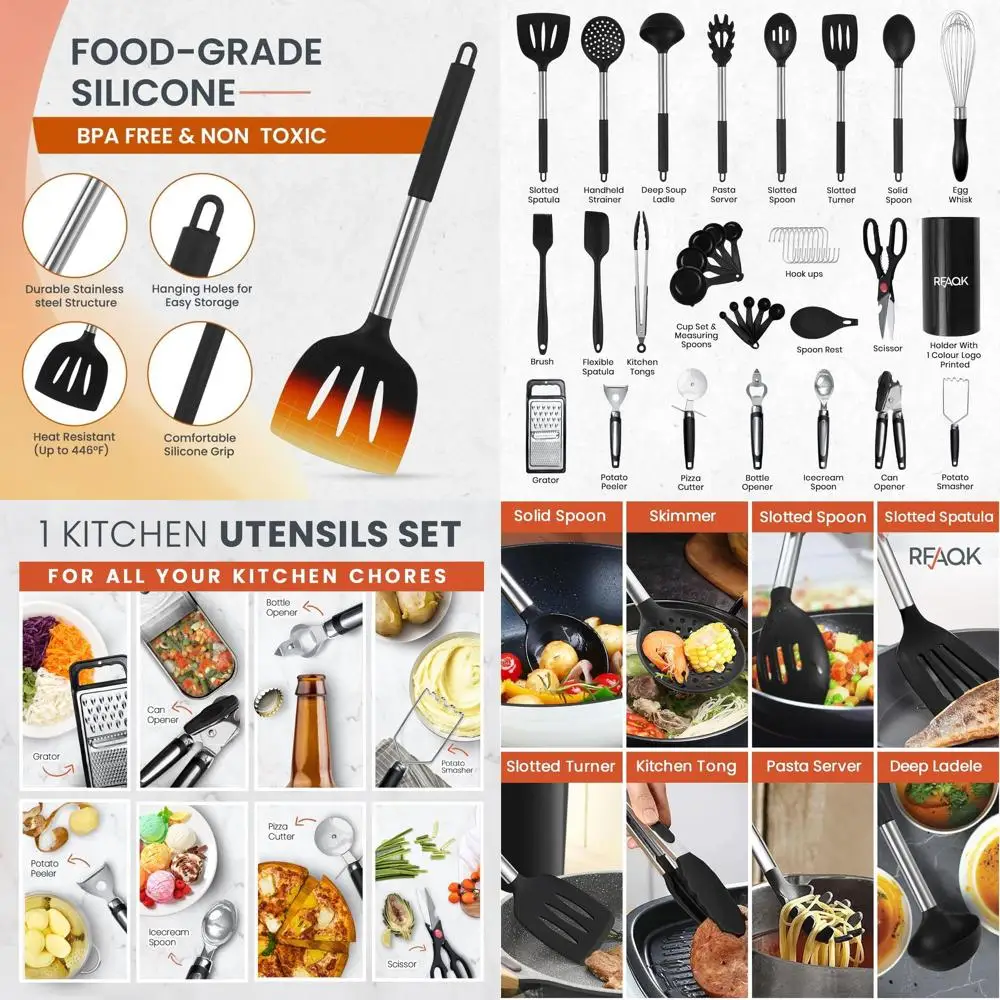 

Silicone Kitchen Utensil Set, 40-Piece, Heat Resistant to 446℉, BPA-Free, Ideal for Nonstick Cookware with Tools like Can Opener