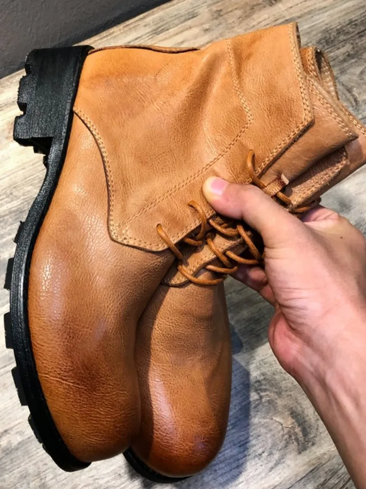 Handmade Mens Genuine Leather Boots Vintage Round Toe Cargo High Top Shoes Male Cow Leather Motorcycle Boots Plus Size 45 46