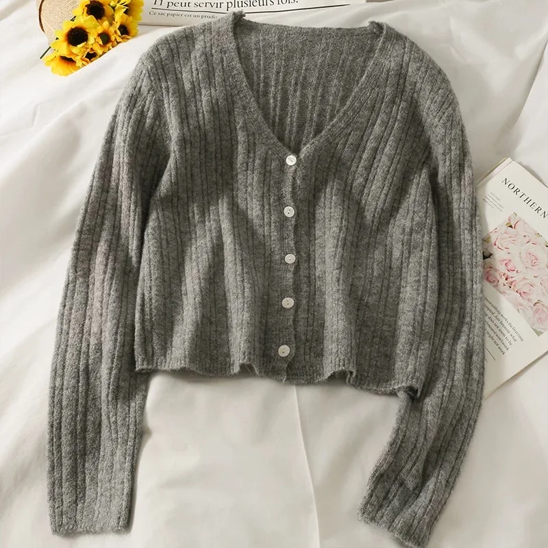 Basic Solid Button Up V-neck Cute Sweater Cardigan Women Korean Style Black White Gray Orange Khaki Pink Cropped Cardigan Top