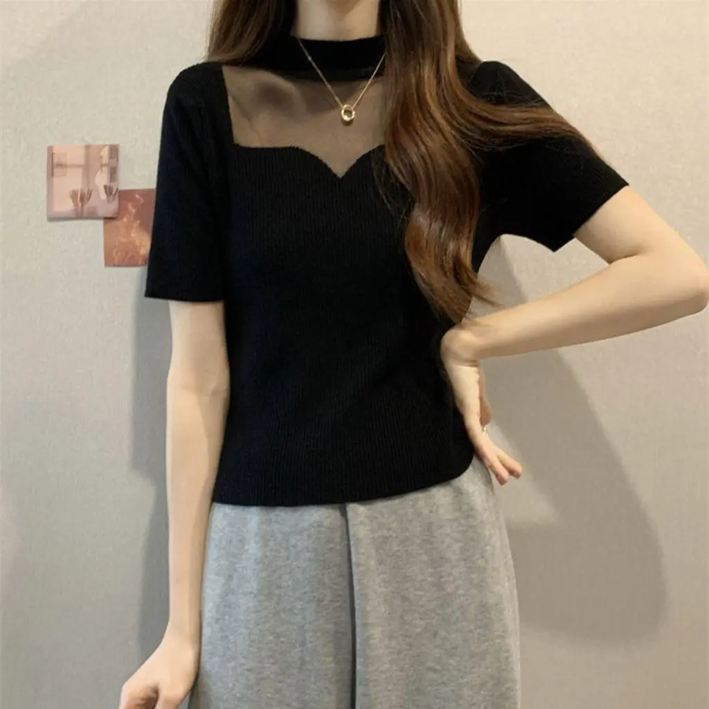 Camisa básica de seda helada de verano de talla grande, camiseta adelgazante Retro calada que cubre el vientre de manga corta para mujeres regordetas