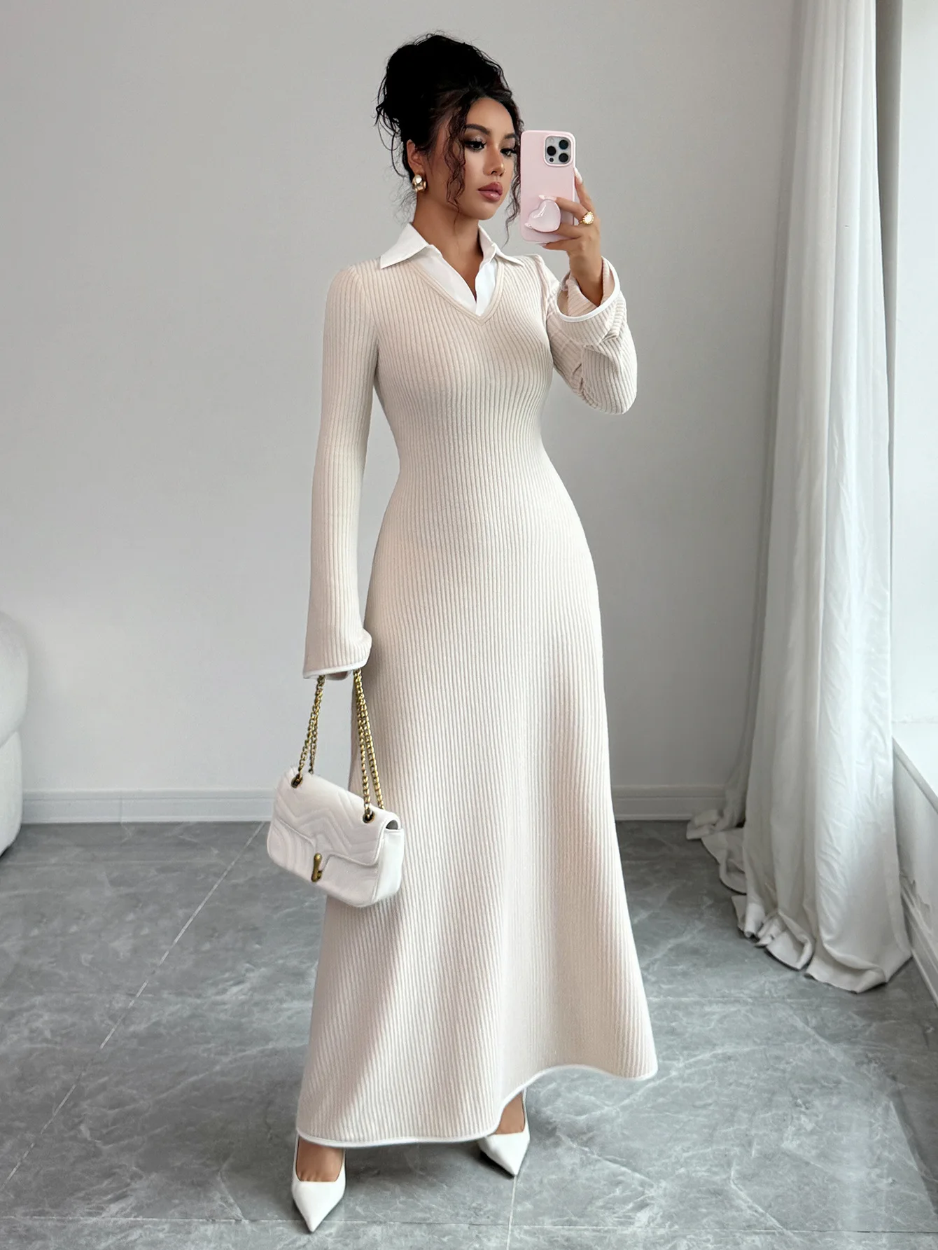 

Women's White Maxi Dress Shirt Collar V Neck Long Sleeve Slim Fit Elegant For Office Formal Evening Party Casual Vacation Wear