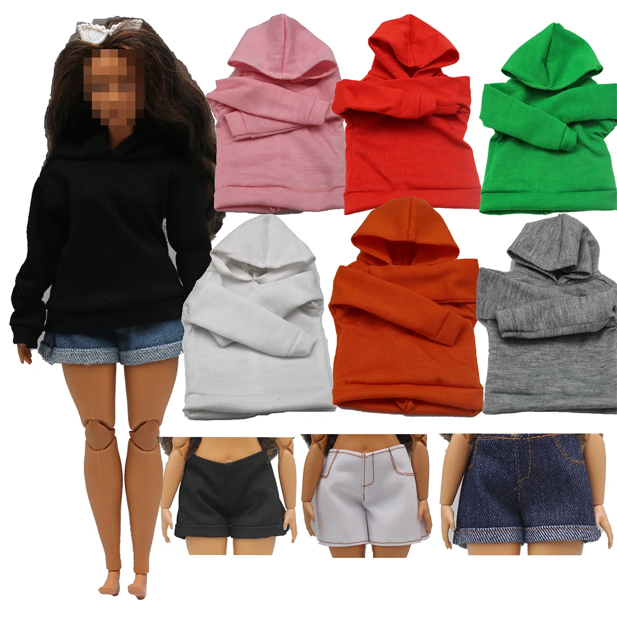 Novo 30cm 1/6 boneca jeans shorts mangas compridas simples e solto conjunto com capuz roupas de uso diário para curvas barbies boneca acessórios