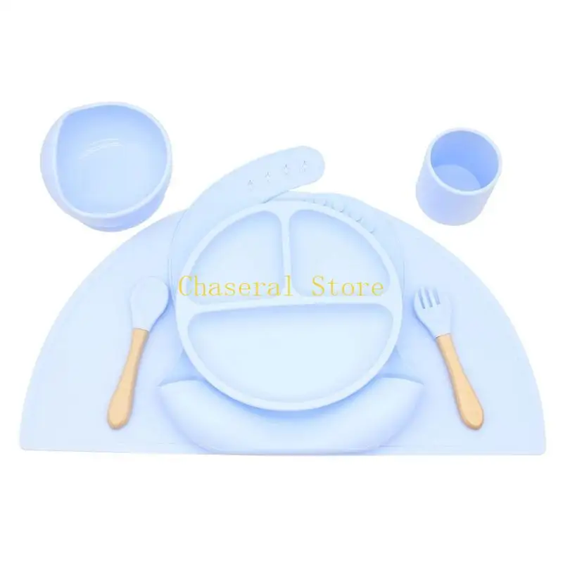 E7CE Baby Silicone Bib Divided Dinner Plate Suction Bowl Spoon Fork Cup Placemat Set