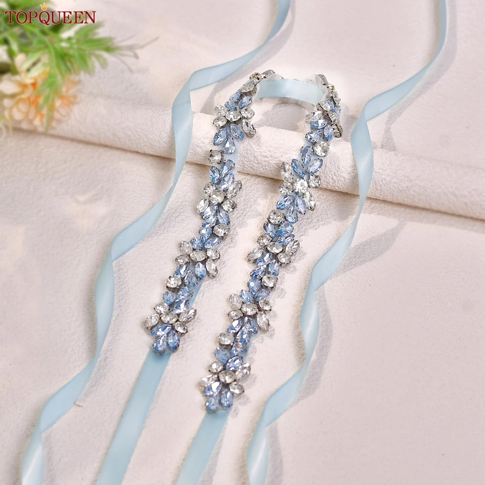 TOPQUEEN Long Thin Light Blue Rhinestone Belt Handmade Bridal Accessories Women's Versatile Dress Wedding Belt Tie Ribbon S437