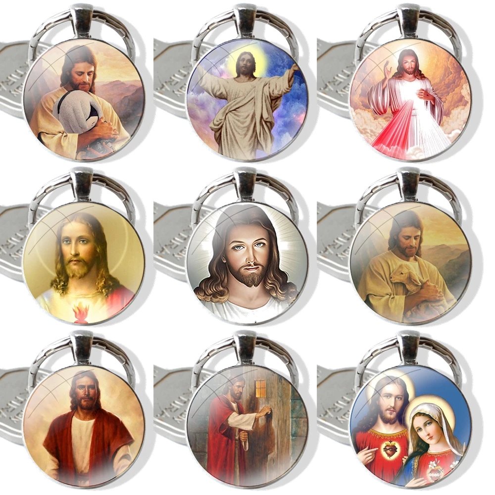 Jesus Christ God bless you glass cabochon keychain Car key chain Charms keychains Gifts Accessories Phone Cases Covers