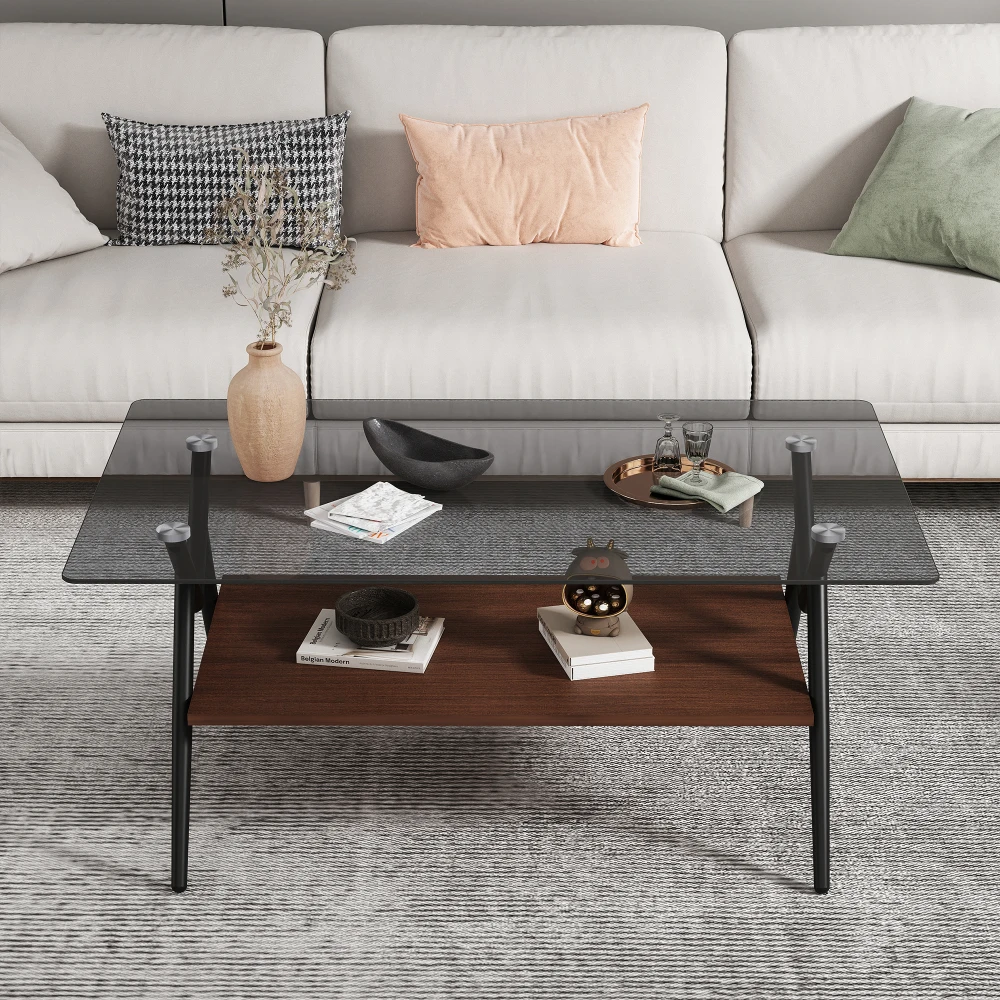 Rectangle Coffee Table with Tempered Glass Top and Brown MDF Shelf Modern Table for Living Room Gray Glass