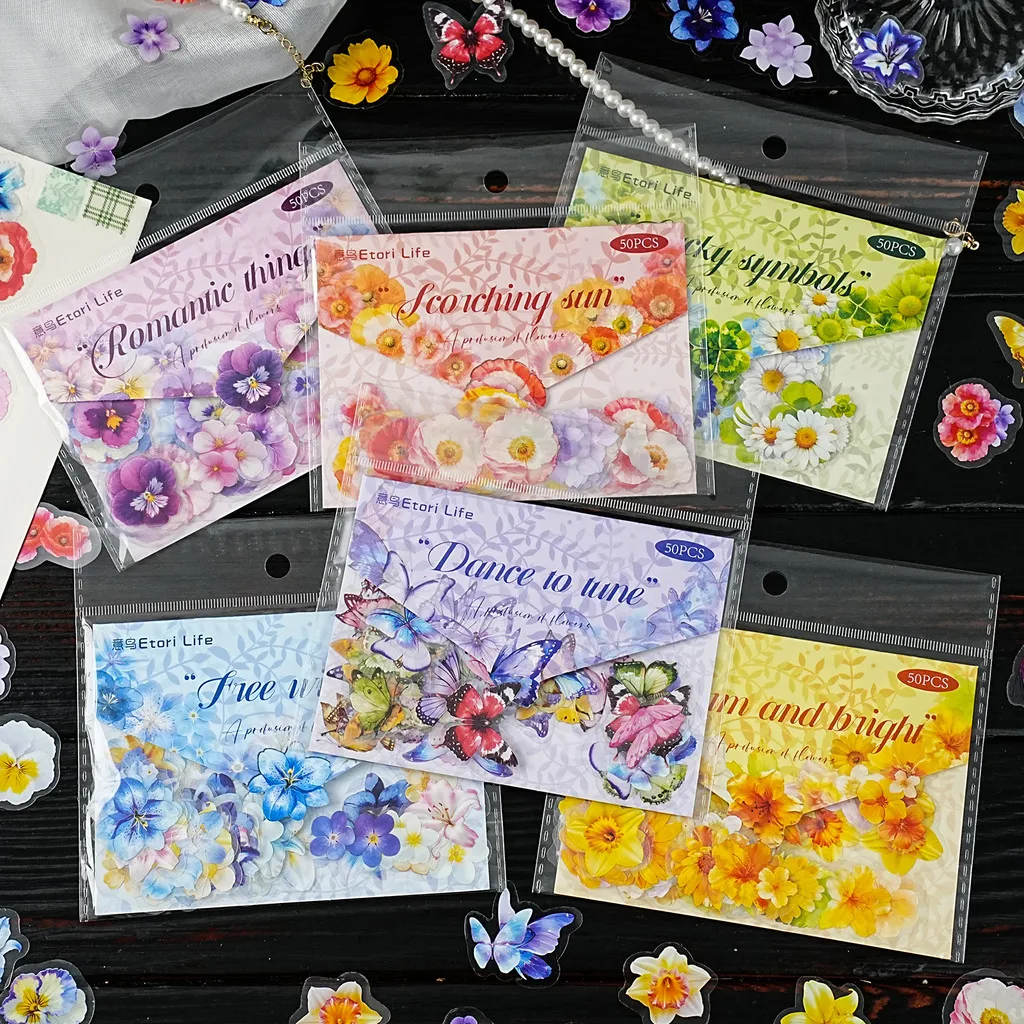 50 Stück PET-Blumen-Schmetterlings-Scrapbook-Aufkleber-Set, transparente Dekoration, Aufkleber-Set für Junk Journal Album, Tagebuch-Aufkleber