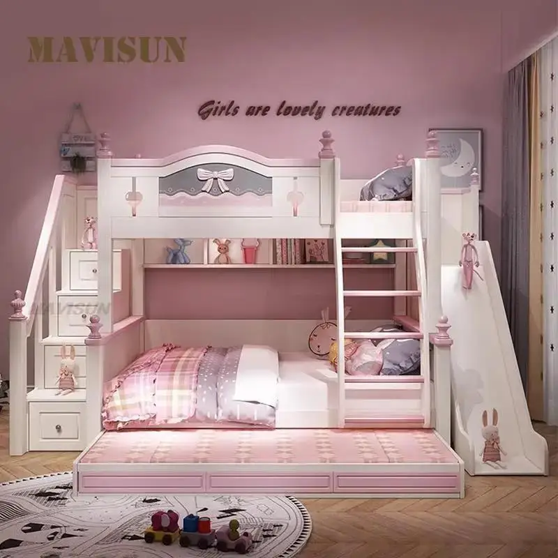 

Lovely Girls Like High And Low Princess Bed In Pink Multi-Piece Furniture Bedroom Kid Household Solid Wood Children's Bunk Bed