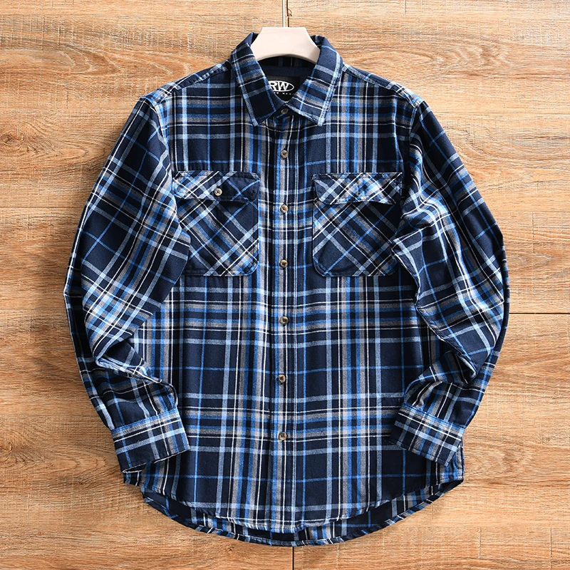 Full Winter Men's American Vintage Plaid Long Sleeve Shirts Mens Breathable Warm Casual Shirt