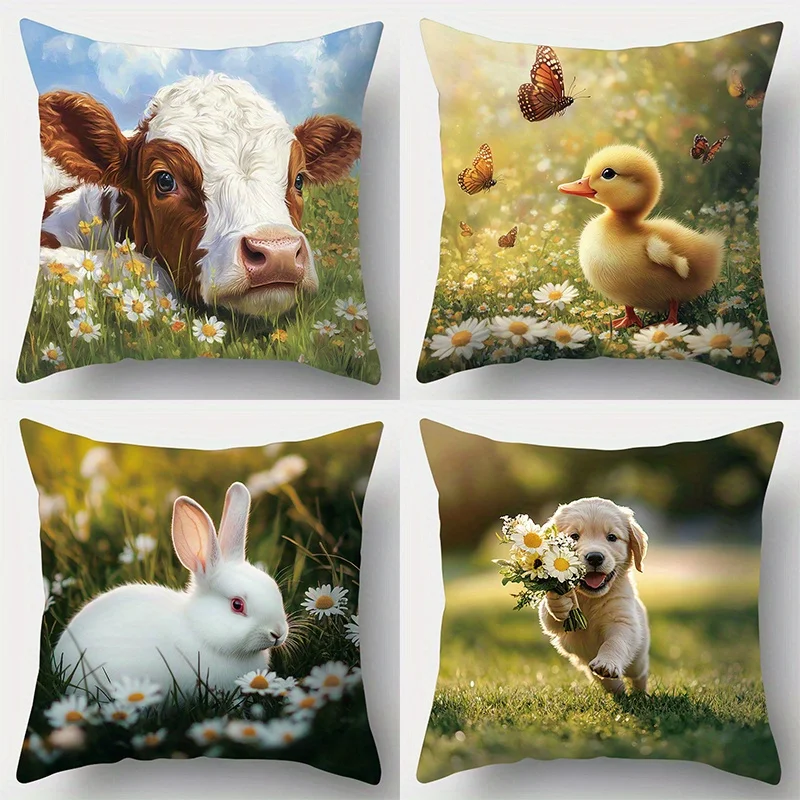 Cute Farm Animals Collection Throw Pillow Set: Cow, Bunny, Chick, and Puppy in Spring Meadow Scenes