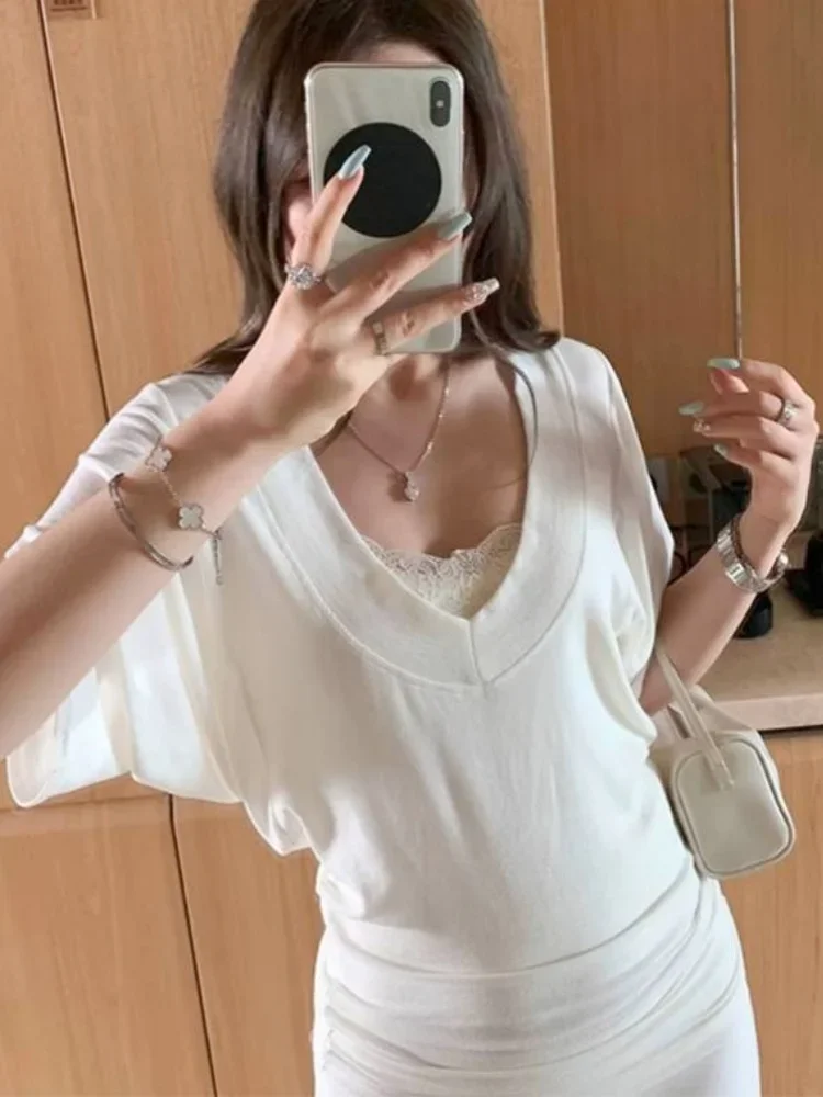 

Fashion America Sexy V Neck T-Shirt Women Summer Slim Batwing Sleeve Folds Tops Korean Chic Streetwear Casual Tees