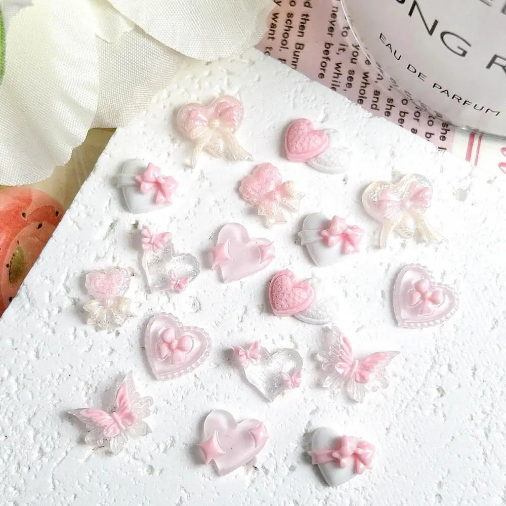 30 Random Mixed Pink & White Transparent Glow-in-the-Dark Heart Butterfly Nail Art Charms, Solid Color Versatile DIY