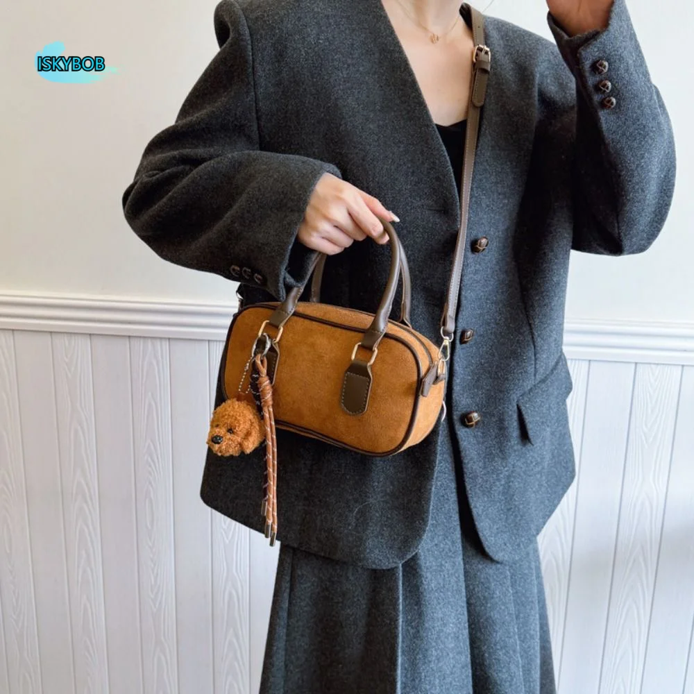 

Elegant PU Leather Suede Bowling Bag Handbag Solid Color Small Square Bag Korean Style Large Capacity PU Boston Bag Girls/Female