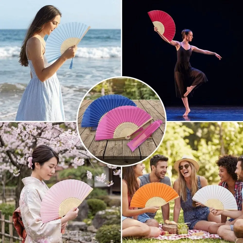 Chinese Style Folding Fan Cooling Tool Wear Resist Bamboo Hand Fan with Tassel with Organza Bag Silk Hand Fan Party Decoration