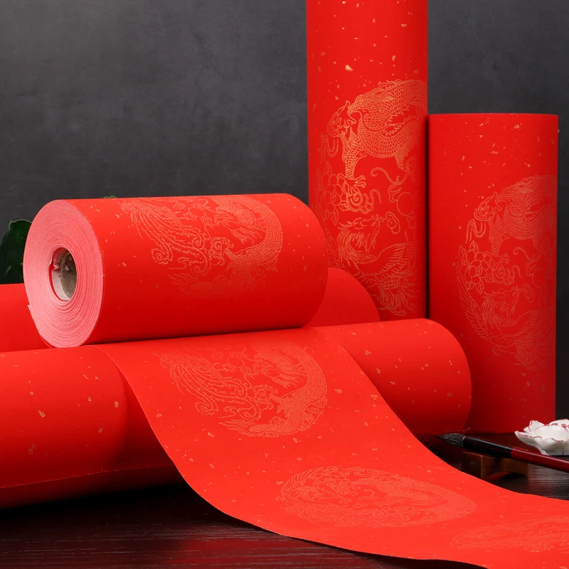 Red Rice Paper Dragon Phoenix Pattern Half-Ripe Xuan Paper Chinese Spring Festival Couplets Calligraphy Brush Pen Writing Papier